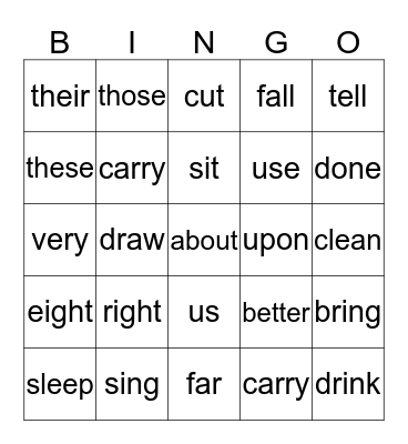 Dolch Sight word Bingo Card