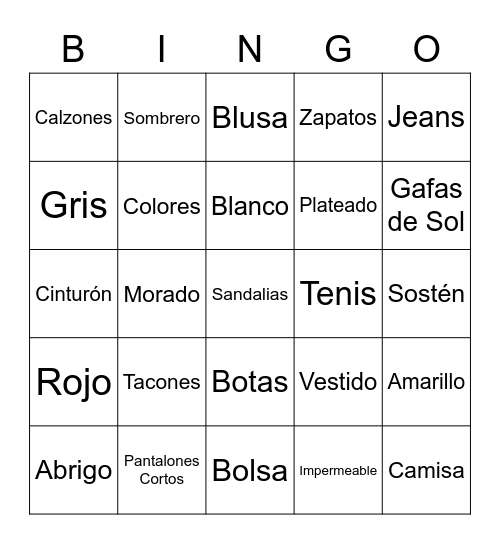 Clothing and Colors Bingo Card