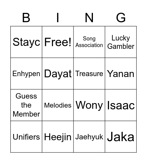 Jake's Bingo Card