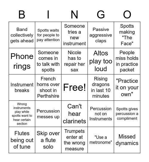 Concety Band bingo Card