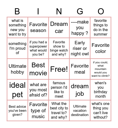 Get to know Me!! Bingo Card