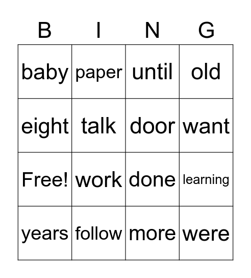 High Frequency Word Bingo Card