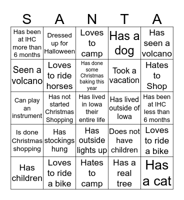 Iowa Home Care SANTA BINGO Card