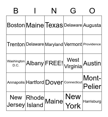 States & Capitals Bingo Card