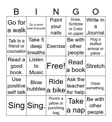 Coping Skills Bingo Card