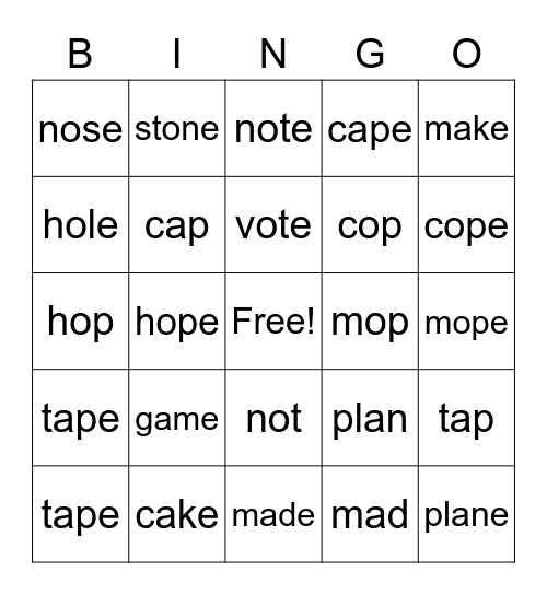 Silent E Bingo Card