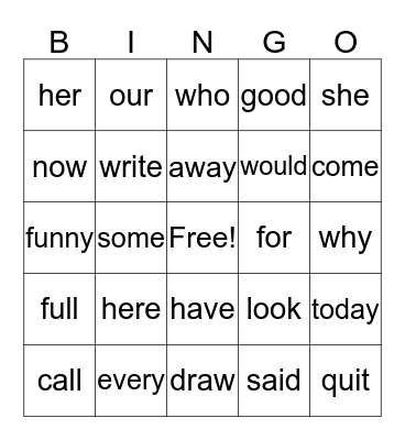 First Grade Word Bingo Card