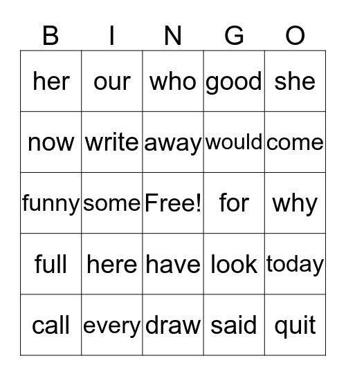 First Grade Word Bingo Card