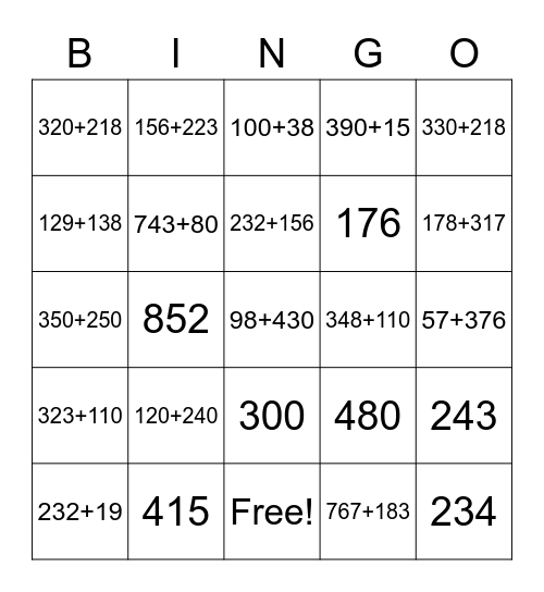 3 digit Addition Bingo Card