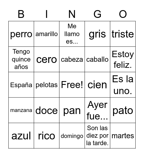 Spanish Review Bingo Card