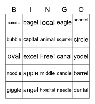 EL, AL, LE endings Bingo Card