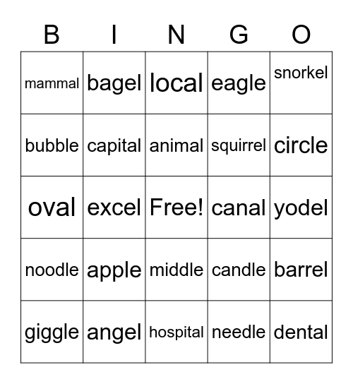 EL, AL, LE endings Bingo Card