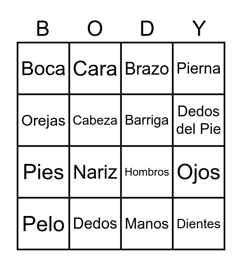 Partes del  Cuerpo MC words Bingo Card
