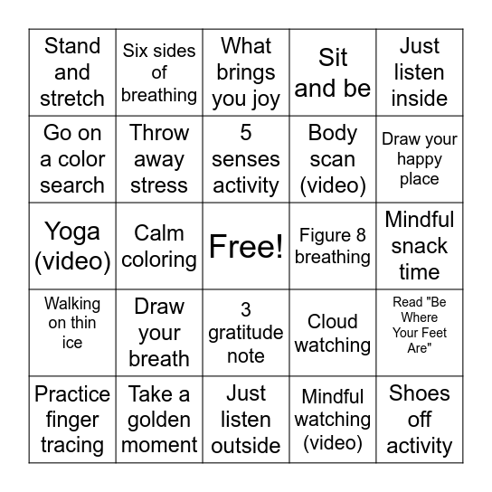 Mindfulness Week Bingo Card