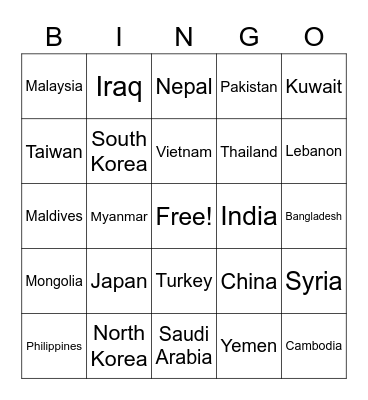 Asian Countries Bingo Card