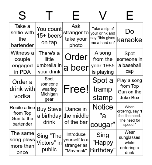 Highway to the Danger Zone: Steven's 30th Birthday Bingo Card