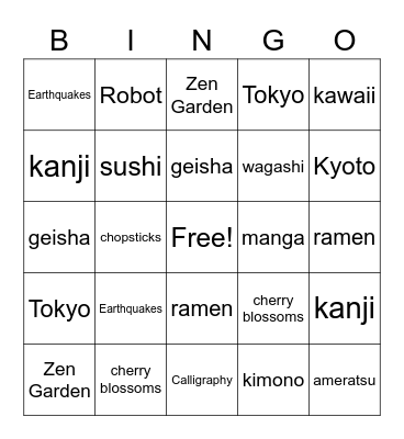 Japan Bingo Card