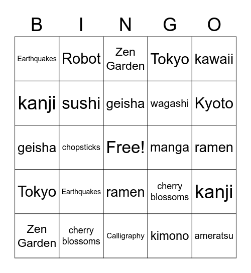 Japan Bingo Card