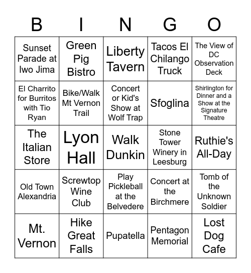 Arlington Bingo Card