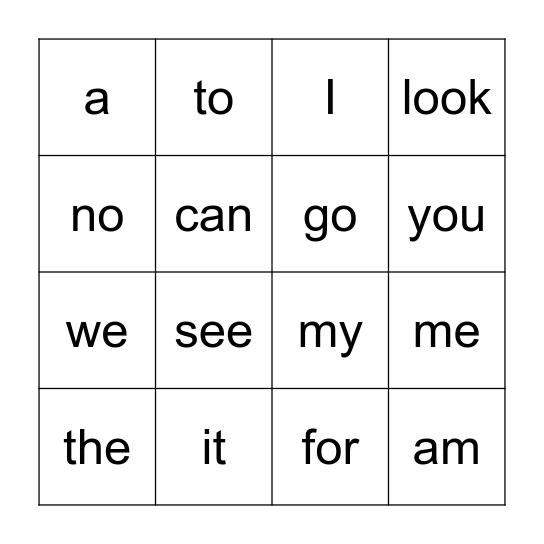 sight words Bingo Card