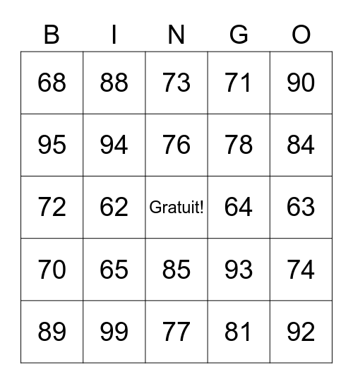 Les Numéros 60-100 Bingo Card