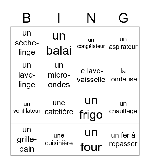 Les appareils ménagers Bingo Card