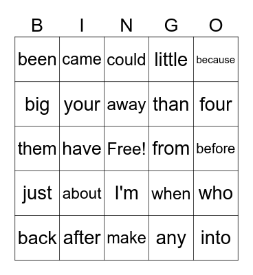 1st 24 of 100 HF Words:  Fun, Fun, Fun!!! Bingo Card