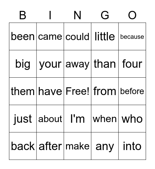 1st 24 of 100 HF Words:  Fun, Fun, Fun!!! Bingo Card