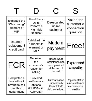 Call Shadowing Bingo Card