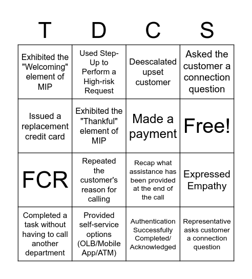 Call Shadowing Bingo Card