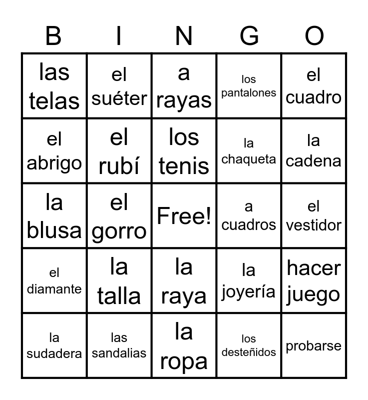 Vocabularo 5B1 Bingo Card