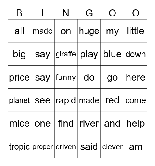 Sight Word Bingo Card