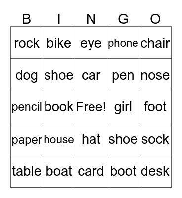 Nouns Bingo Card