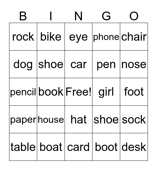 Nouns Bingo Card