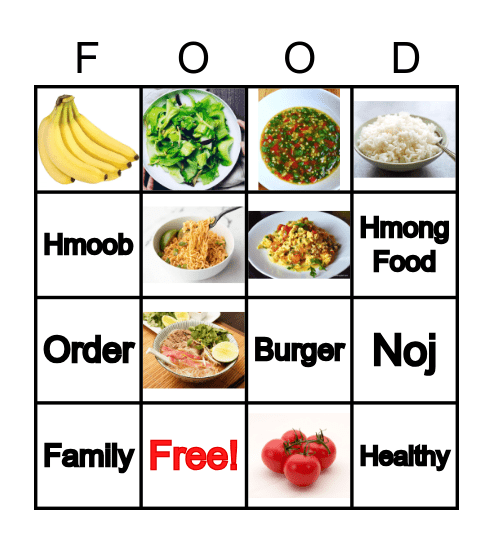 Hmong and English Food Bingo Card