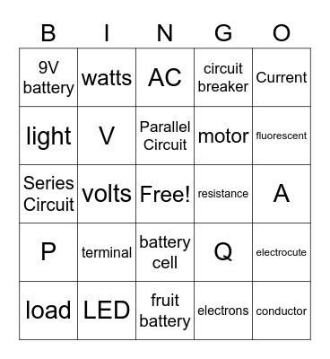 Electricity Bingo Card