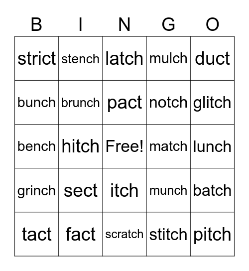 -ct, -ch, and tch Words Bingo Card