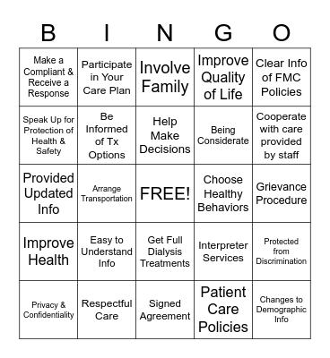 Patient Rights & Responsibilities Bingo Card