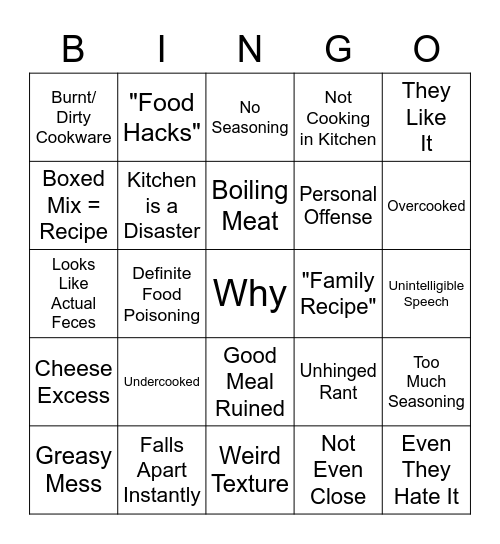 Bad Chef Bingo Card