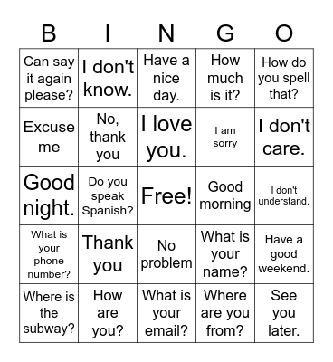 Common English PhrasesCan Bingo Card