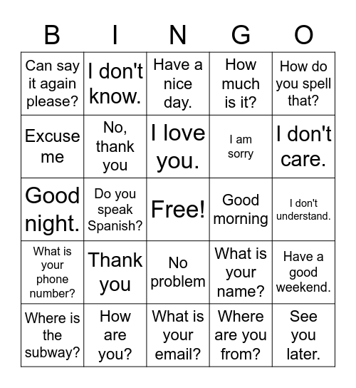 Common English PhrasesCan Bingo Card