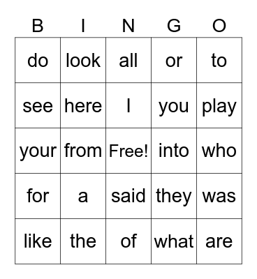 Heart Word BINGO Card