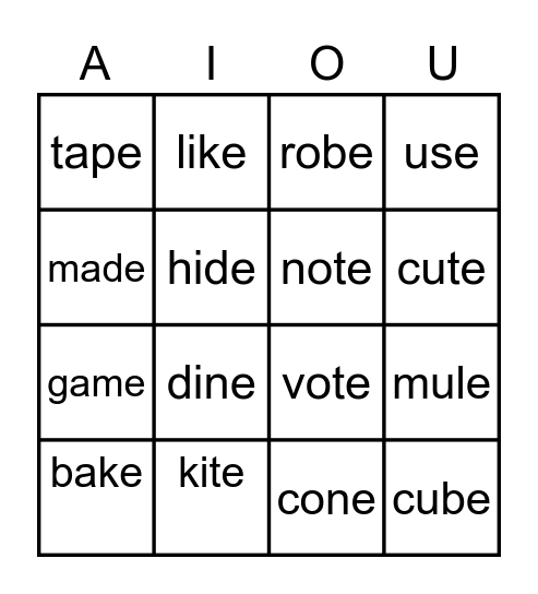 Silent E Bingo Card
