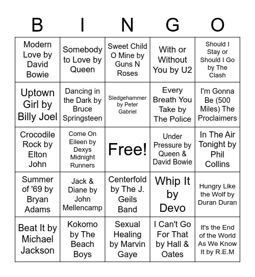 Men of the 80s Bingo Card
