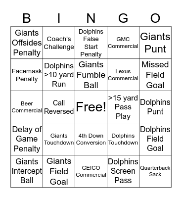 Monday Night Football 12/14/2015 Bingo Card