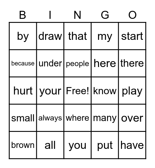 Sight Word Bingo Card