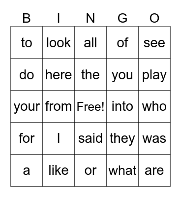 Heart Word BINGO Card