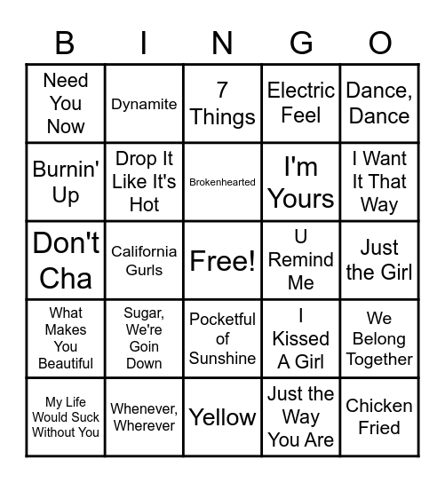 2000's Music Bingo Card