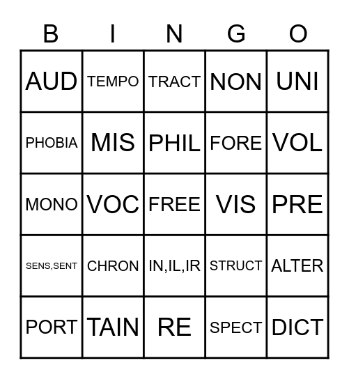 WORD PARTS BINGO Card