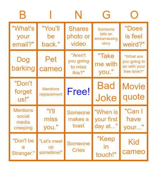 Jillian's Virtual Farewell Party Bingo Card